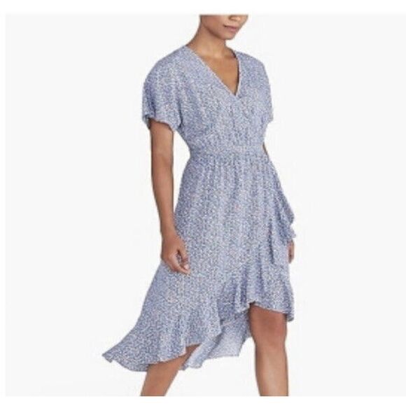 J. Crew Mercantile Women Size Medium Blue Floral Ruffle Faux Wrap Dress High-Low - Picture 1 of 10